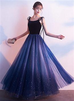 Picture of Pretty Blue Gradient Tulle and Velvet Long Straps Prom Dresses, Blue Evening Dress